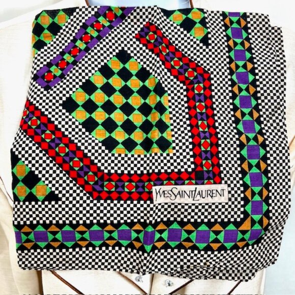 Vigt  Yves Saint Laurent Mini Scarf/HandkerCotton, 21" green  red black check(13 - Picture 2 of 5